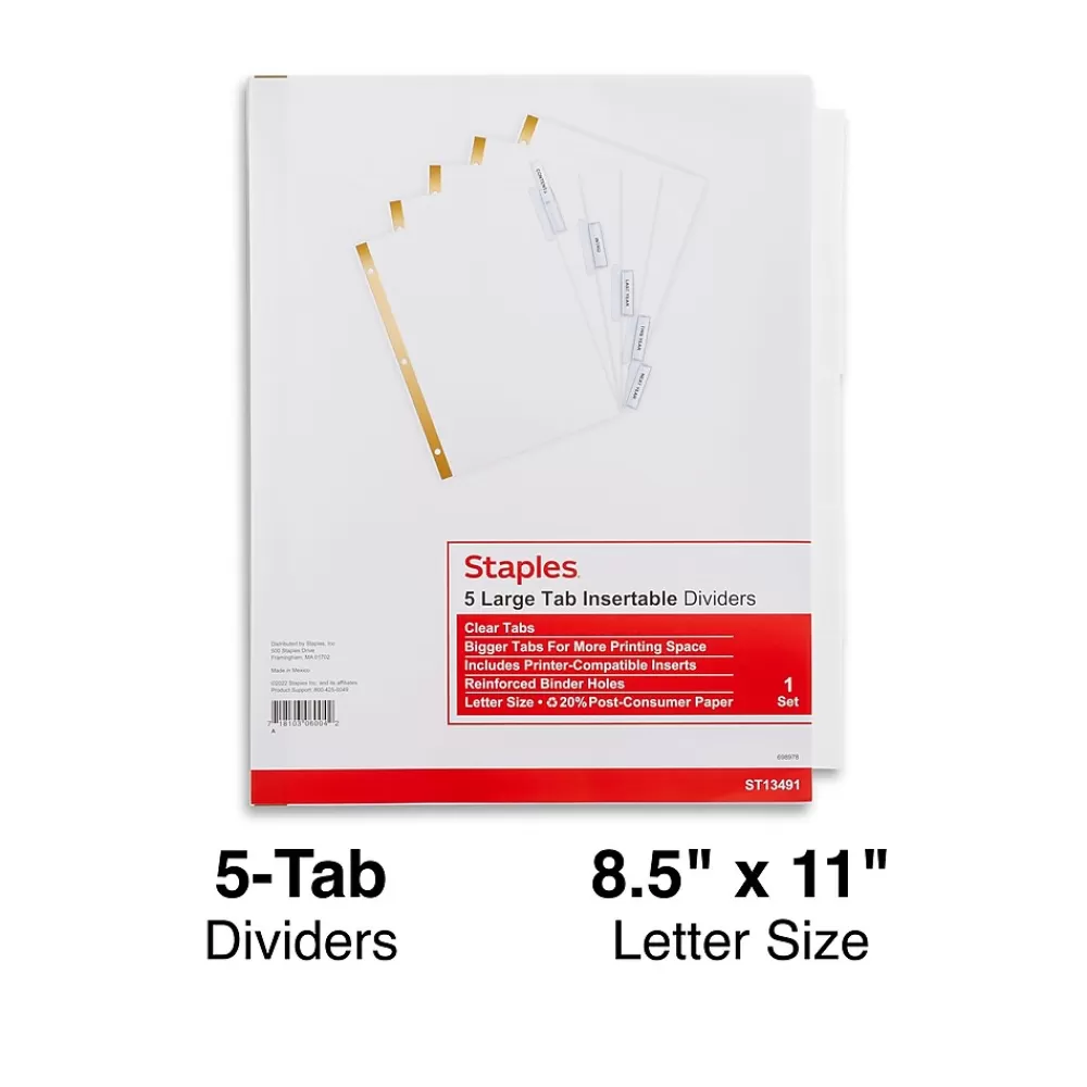 Staples Dividers<Large Tab Insertable Dividers, 5-Tab, Clear (13491/11122)