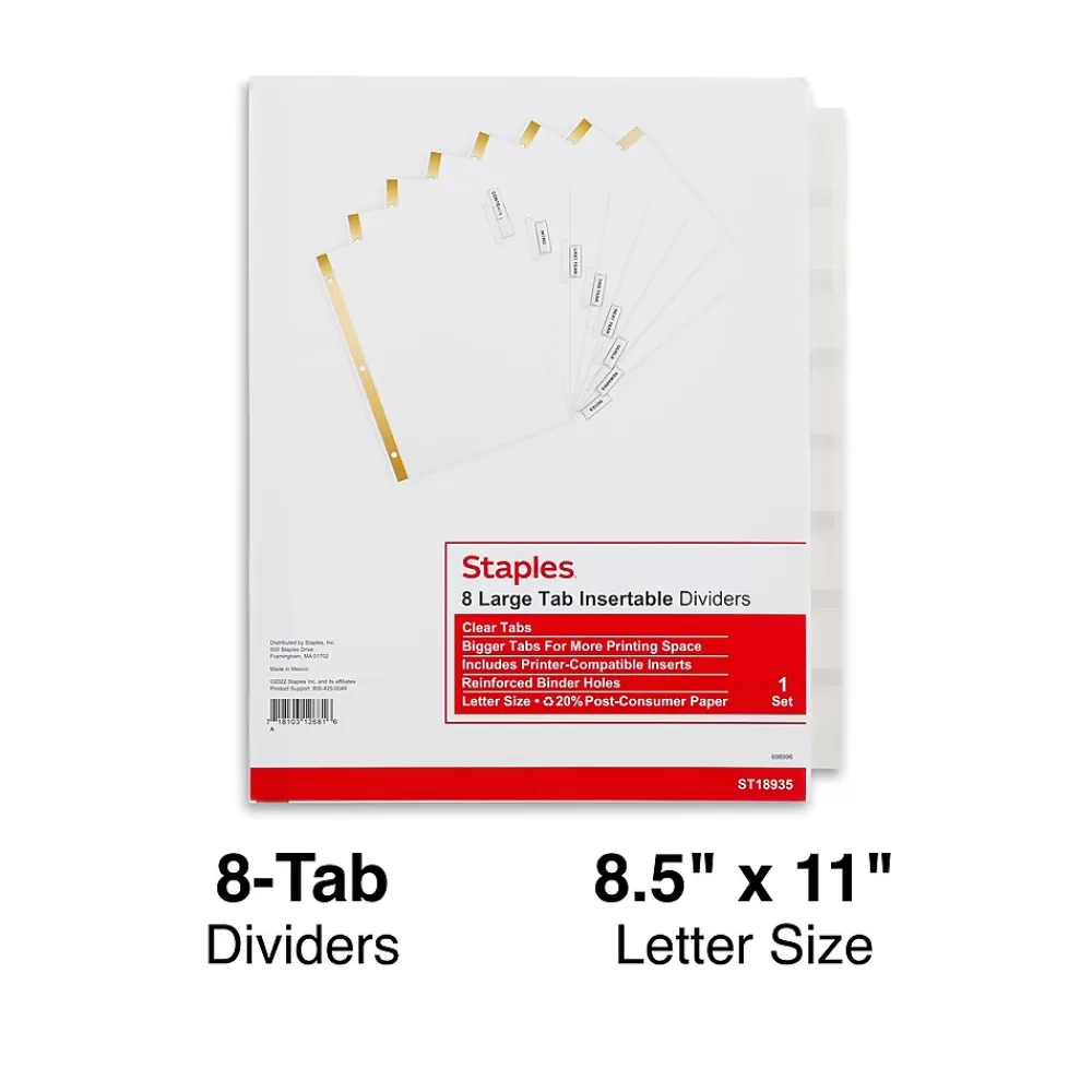 Staples Dividers<Large Tab Insertable Dividers, 8-Tab, Clear (18935/11124)