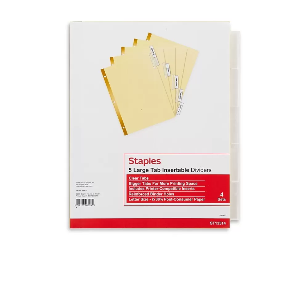 Staples Dividers<Large Tab Insertable Dividers, 5-Tab, Clear, 4/Pack (13514/14480)