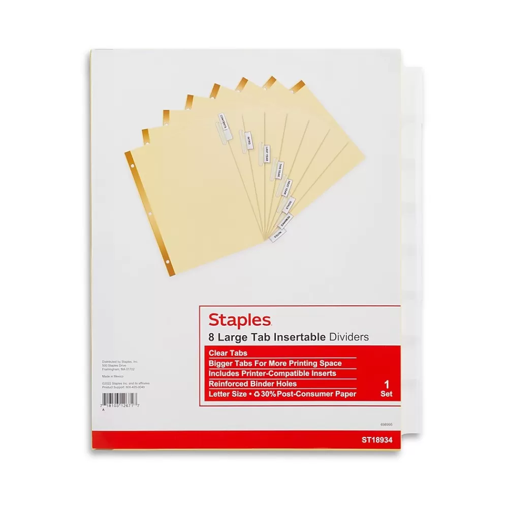 Staples Dividers<Large Tab Insertable Paper Divider, 8 Tabs, Buff with Clear Tabs, 1 Set (18934/11112)
