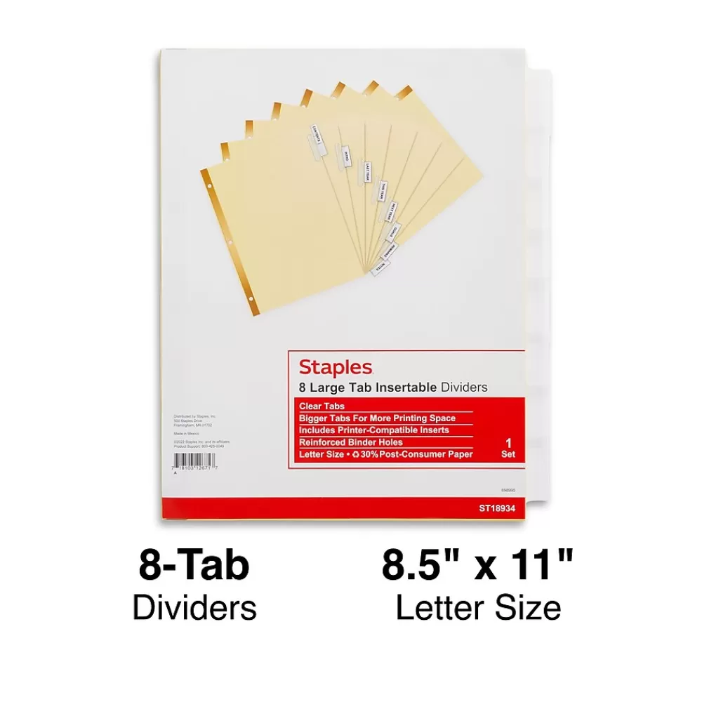 Staples Dividers<Large Tab Insertable Paper Divider, 8 Tabs, Buff with Clear Tabs, 1 Set (18934/11112)