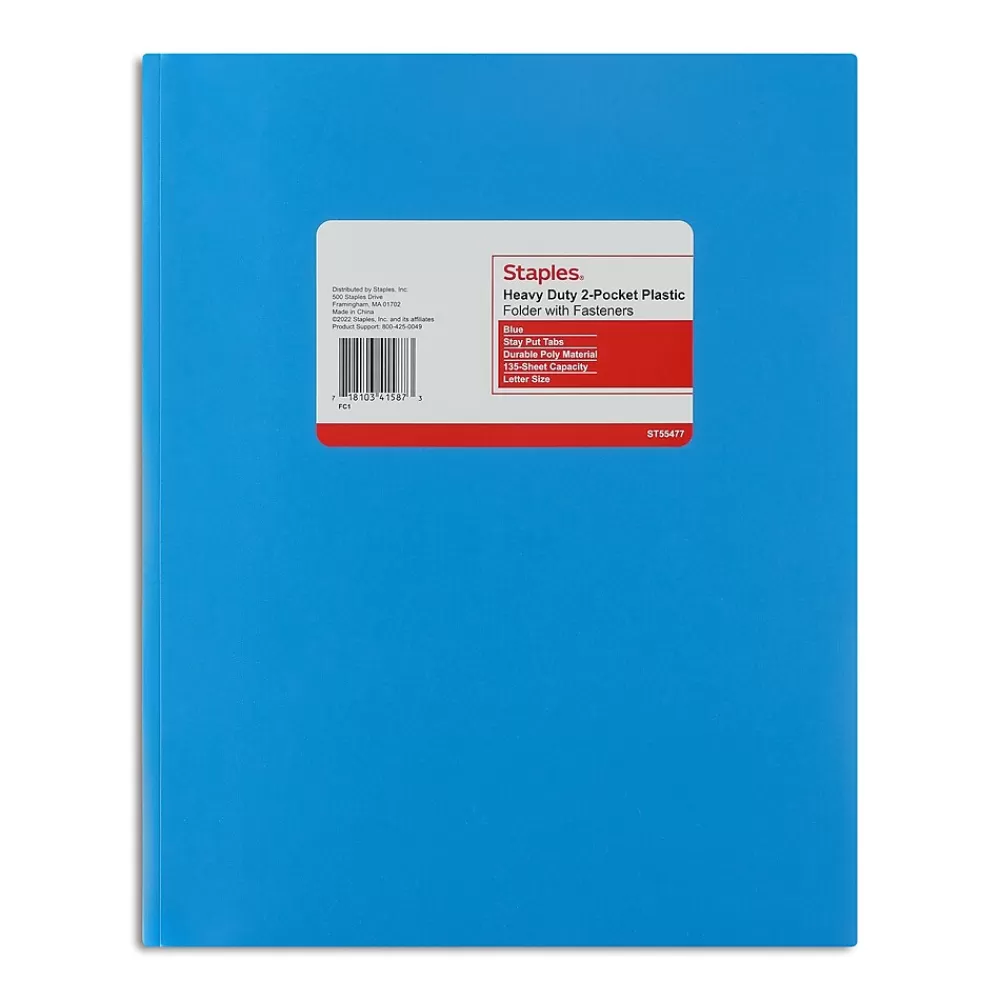 Staples Pocket Folders<Matte 2-Pocket Plastic Portfolio Folder with Fasteners, Blue (ST55477-CC)