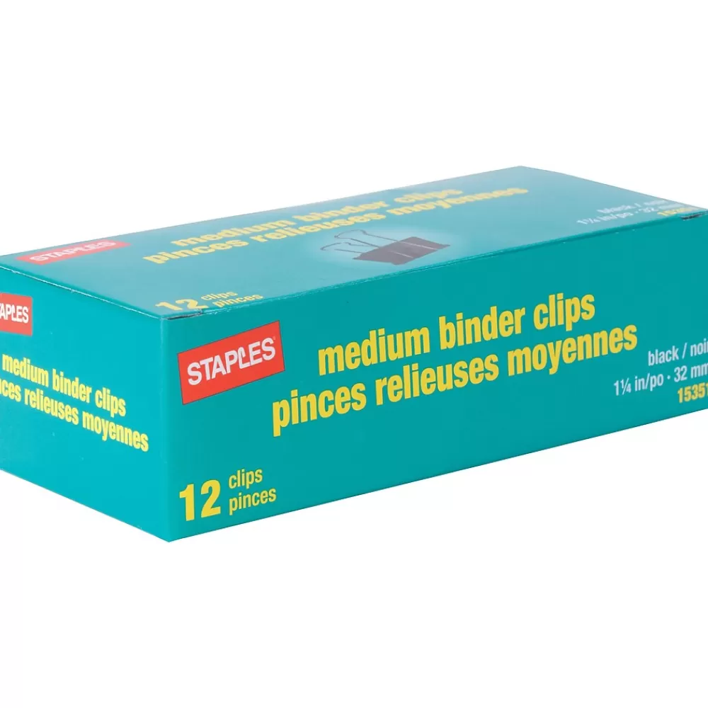 Staples Clips & Fasteners<Medium Binder Clips, 0.63" Capacity, Black, 12 Clips/Pack (15351)