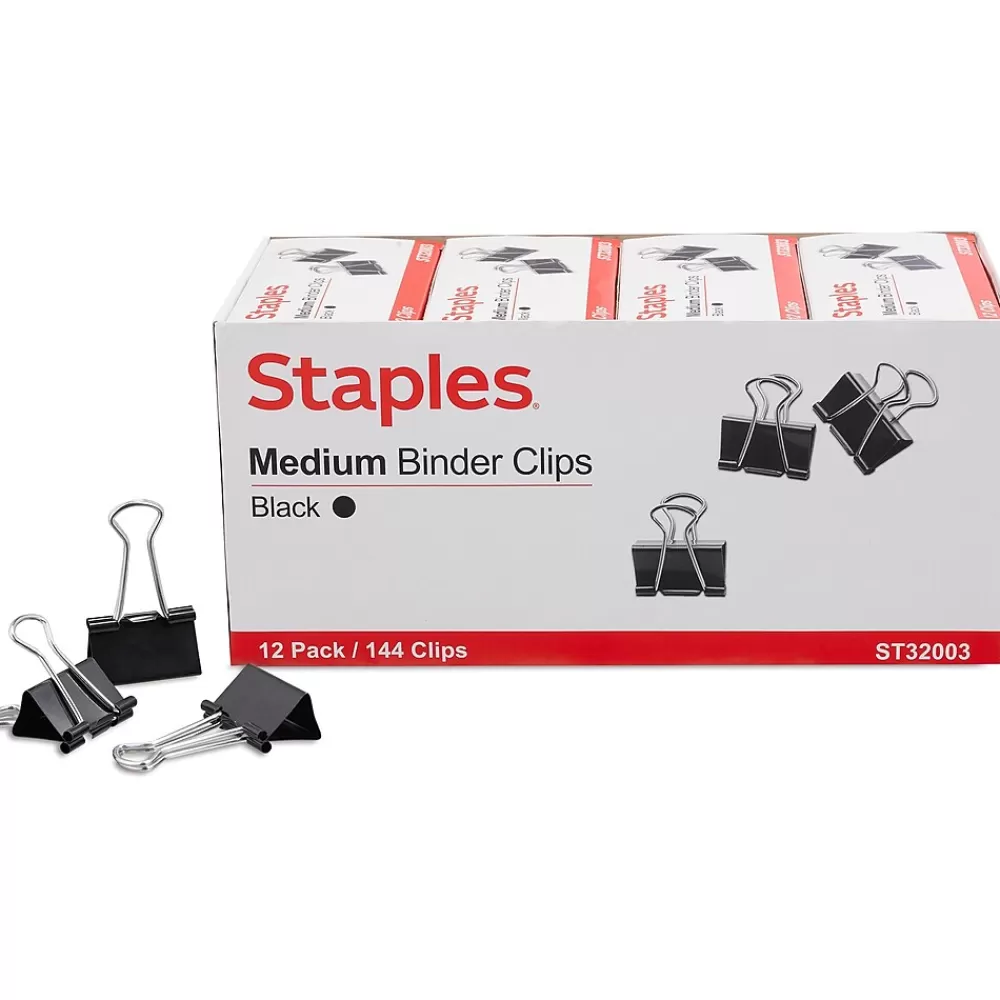 Staples Clips & Fasteners<Medium Binder Clips, 0.63" Capacity, Black, 144 Clips/Pack (ST32003/32003)