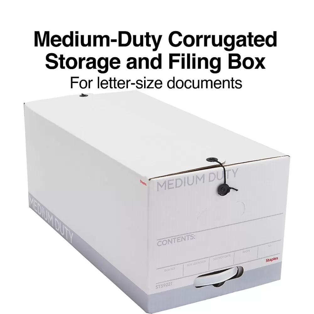 Staples File Storage<Medium Duty File Box, String and Button Lid, Letter, White/Gray, 12/Case (TR59221)