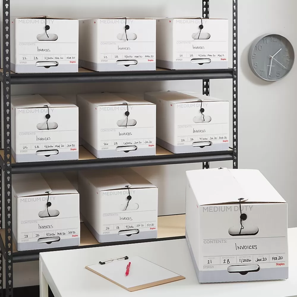 Staples File Storage<Medium Duty File Box, String and Button Lid, Letter, White/Gray, 12/Case (TR59221)