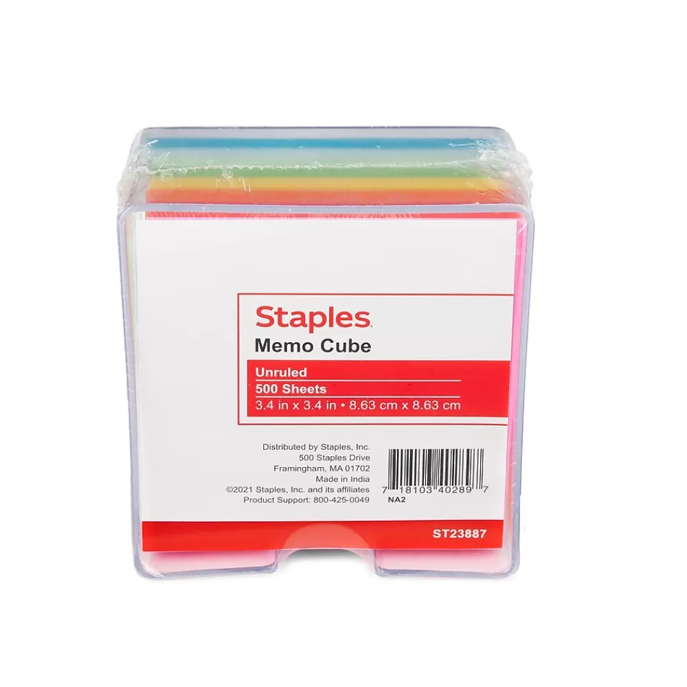 Staples Notepads<Memo Cube Memo Pad, 3.4" x 3.4", Unruled, Assorted Colors, 500 Sheets/Pad (23887)