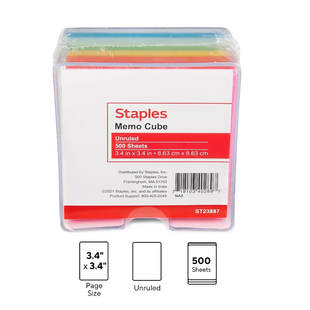 Staples Notepads<Memo Cube Memo Pad, 3.4" x 3.4", Unruled, Assorted Colors, 500 Sheets/Pad (23887)