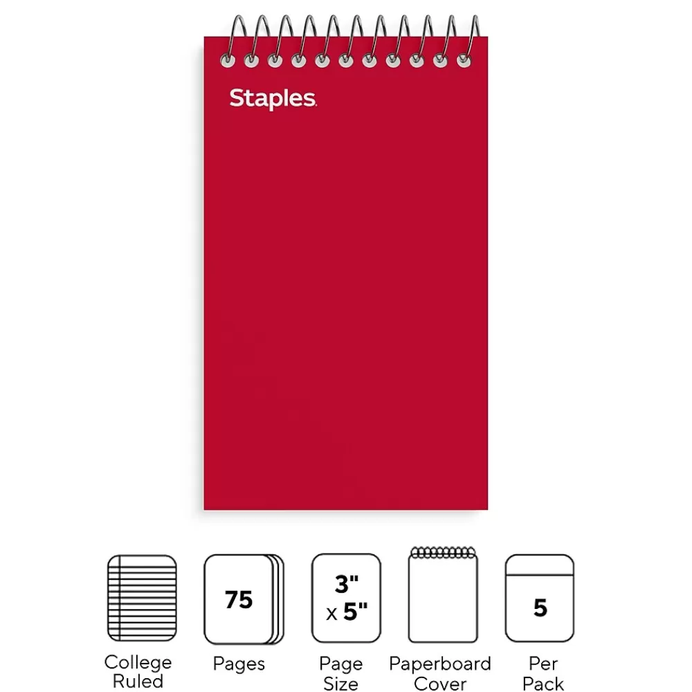 Staples Notepads<Memo Pads, 3" x 5", College Ruled, Assorted Colors, 75 Sheets/Pad, 5 Pads/Pack (TR11491)