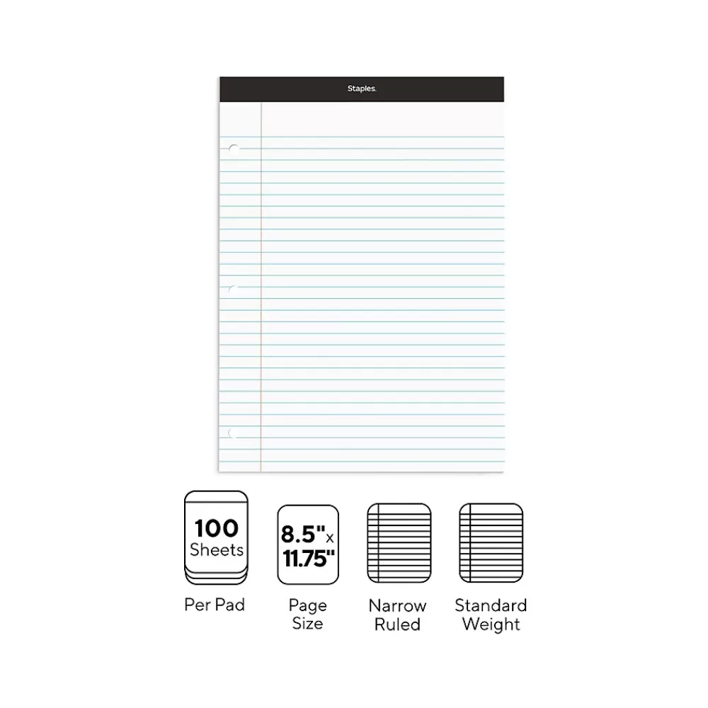 Staples Notepads<Notepad, 8.5" x 11.75", Narrow Ruled, , 100 Sheets/Pad (ST57345/TR57345)