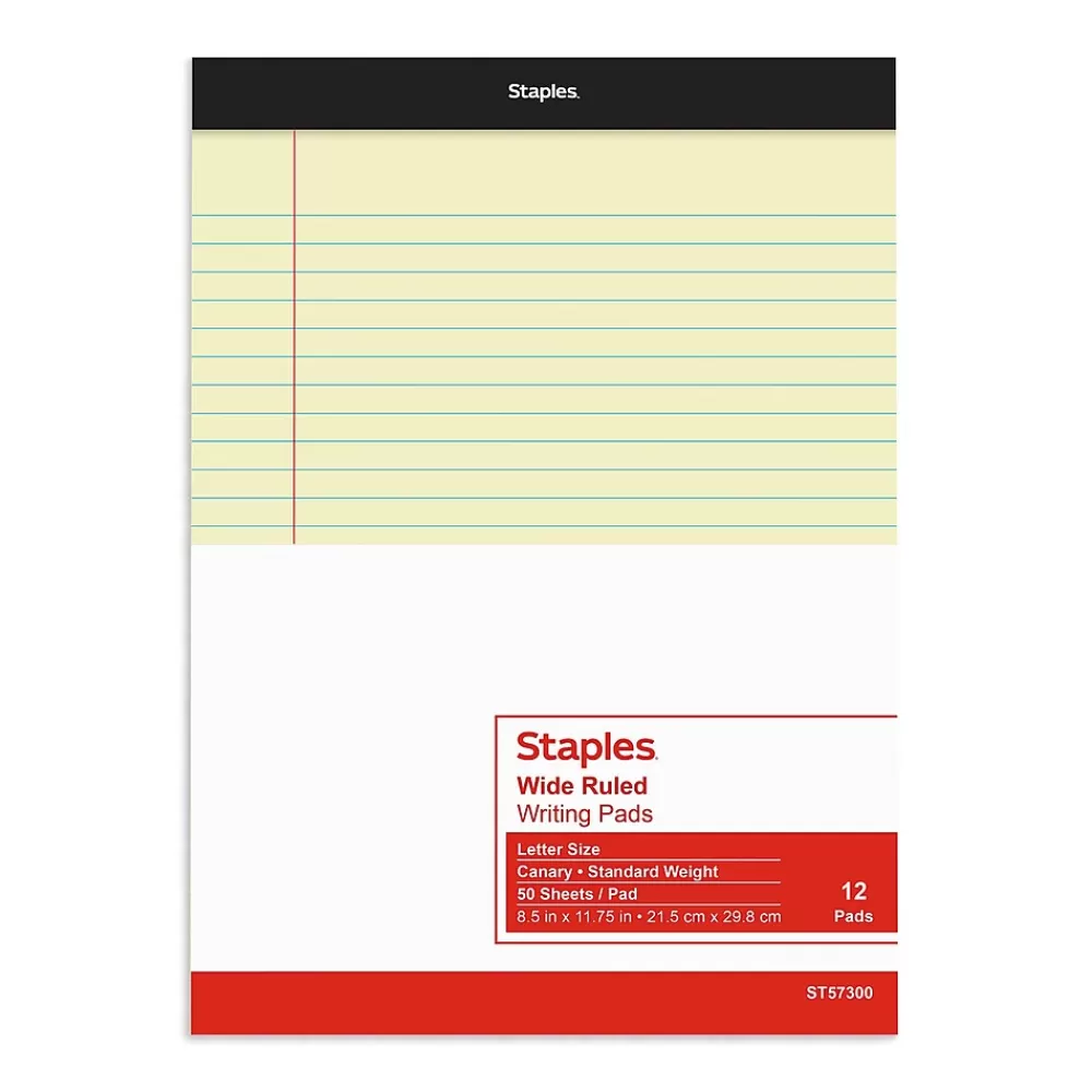 Staples Notepads<® Notepad, 8.5" x 11.75", Wide Ruled, Canary, 50 Sheets/Pad, 72 Pads/Carton (SBG26839CT)