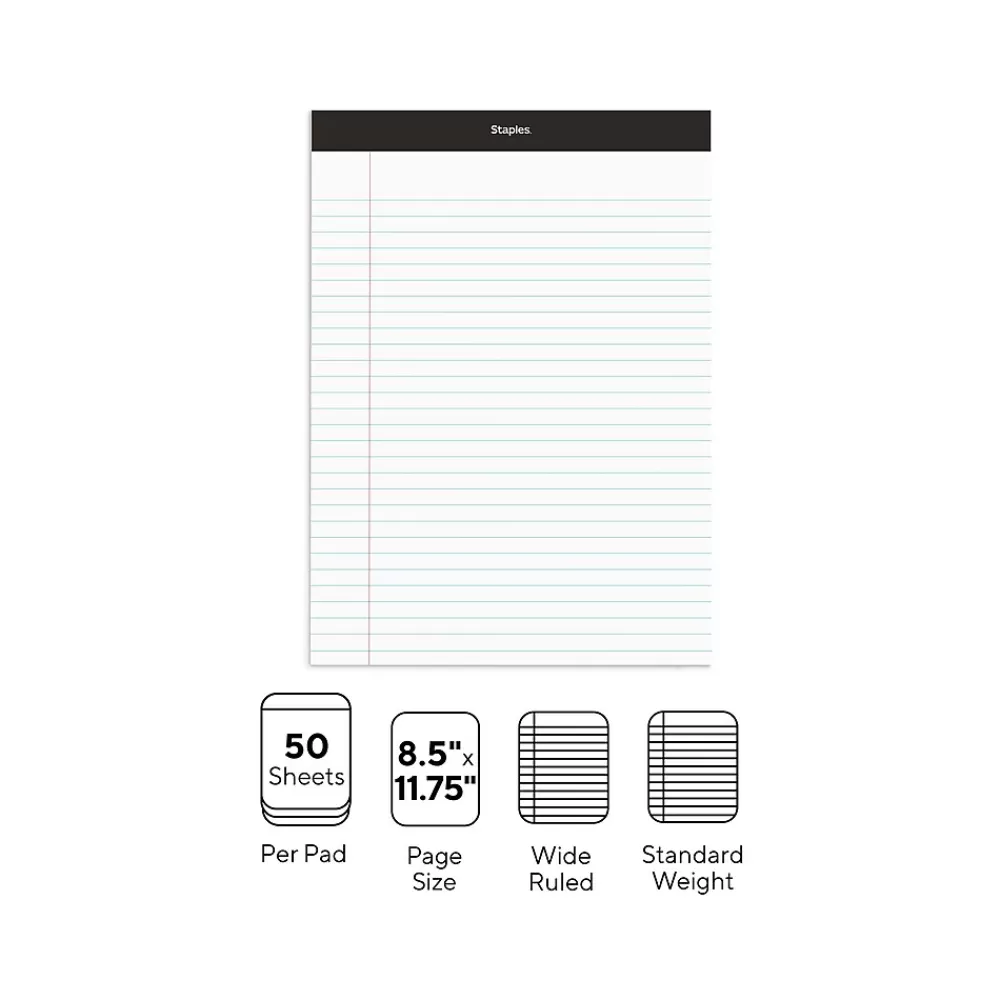 Staples Notepads<Notepad, 8.5" x 11.75", Wide Ruled, White, 50 Sheets/Pad, 72 Pads/Pack (23643CT)