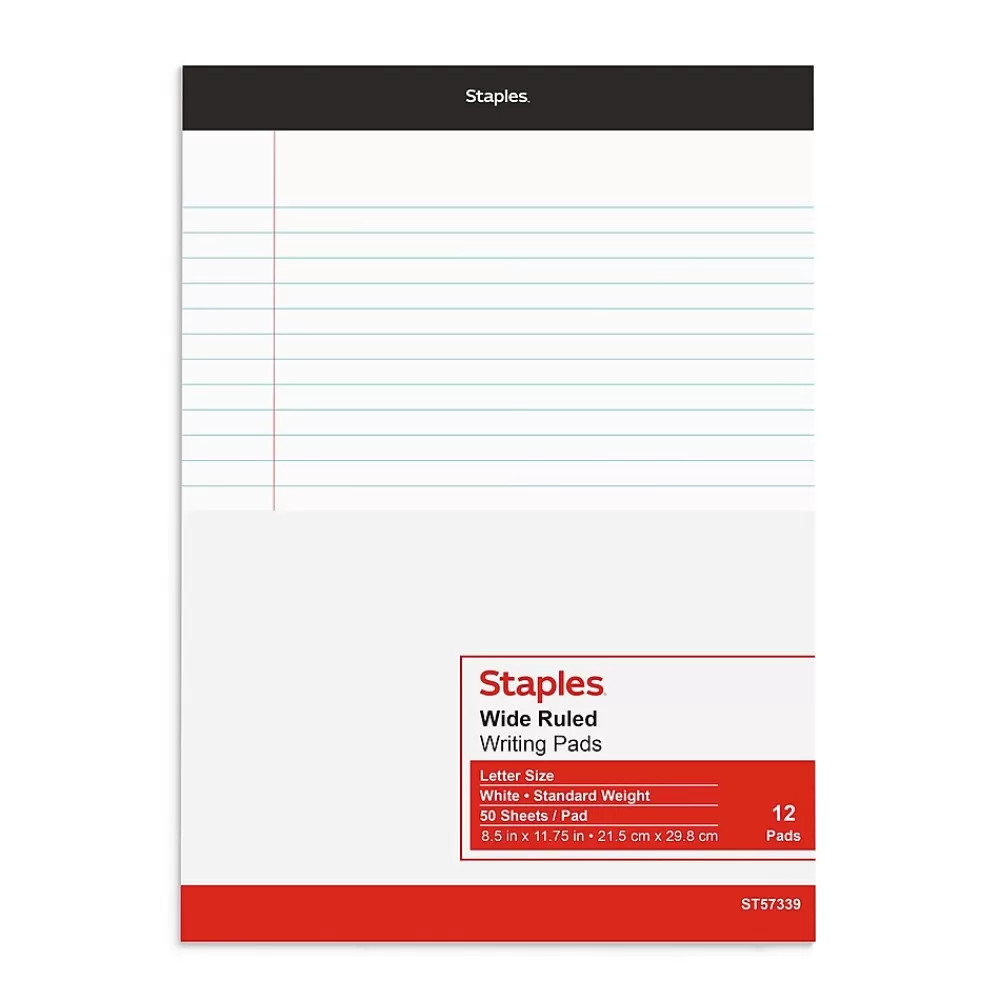 Staples Notepads<Notepad, 8.5" x 11.75", Wide Ruled, White, 50 Sheets/Pad, 72 Pads/Pack (23643CT)