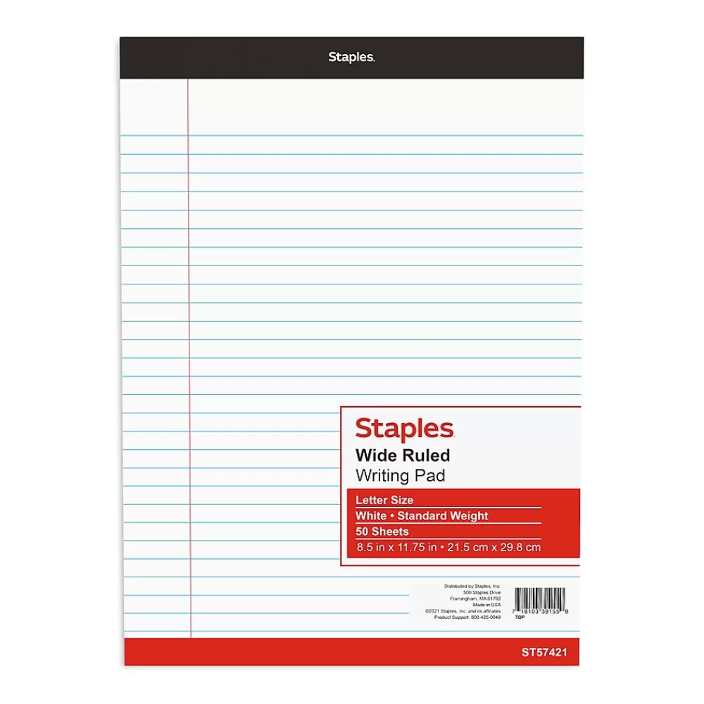 Staples Notepads<Notepad, 8.5" x 11.75", Wide, White, 50 Sheets/Pad (20499)