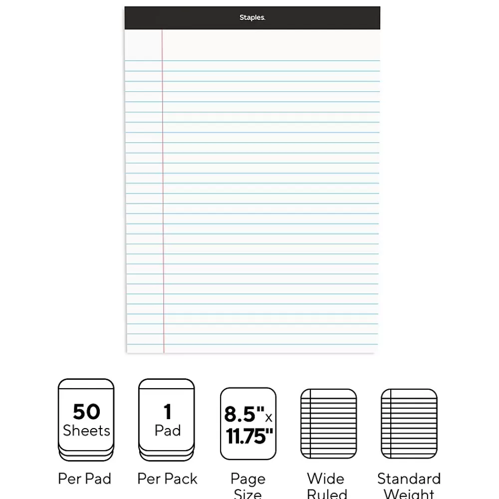 Staples Notepads<Notepad, 8.5" x 11.75", Wide, White, 50 Sheets/Pad (20499)