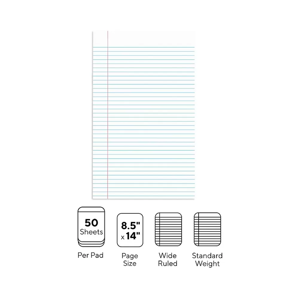 Staples Notepads<Notepads, 8.5" x 14", Wide Ruled, White, 50 Sheets/Pad, Dozen Pads/Pack (ST57335)