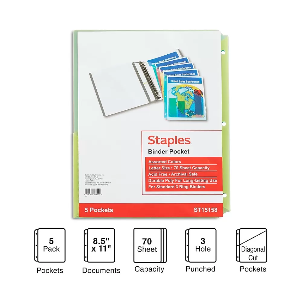 Staples Sheet Protectors<Poly Binder Pocket, 3-Hole Punched, , 5/Pack (ST15158-CC)