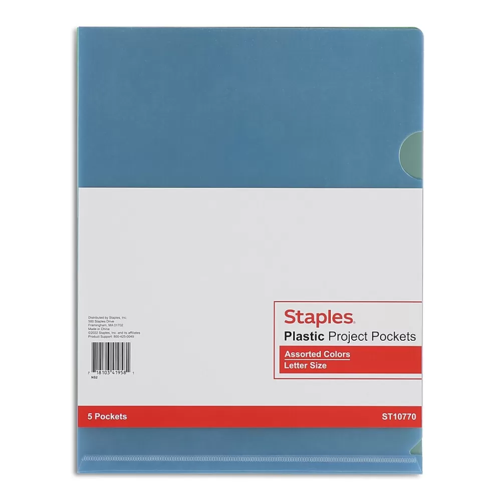 Staples Pocket Folders<Poly Heavy Duty 1 Pocket Project Presentation Folder, Assorted Colors, 5/Pack (10770-CC)
