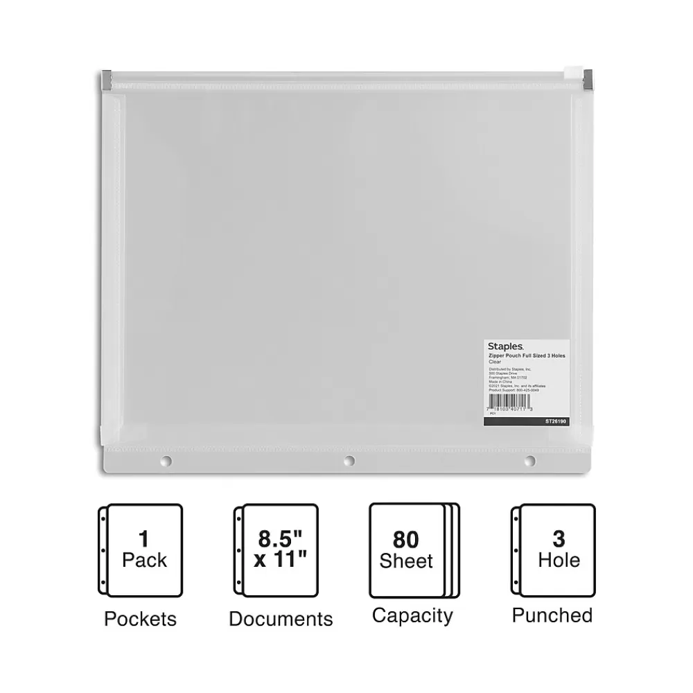 Staples Dividers<Poly Zipper Pouch, 3-Hole Punched, Clear (ST26190-CC)