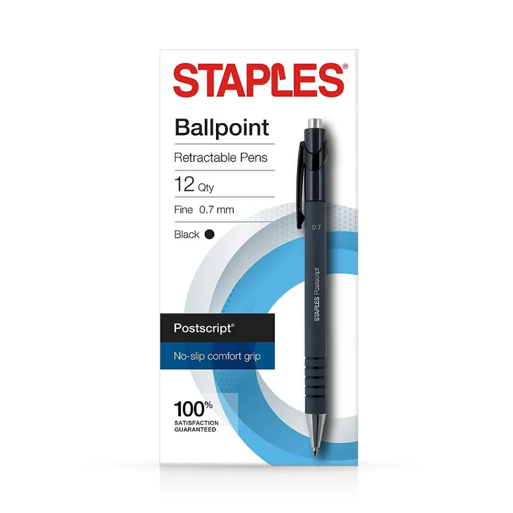 Staples Pens<Postscript Retractable Ballpoint Pens, Fine Point, Black Ink, Dozen (18264)