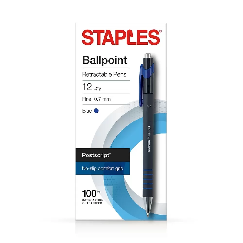 Staples Pens<Postscript Retractable Ballpoint Pens, Fine Point, Blue Ink, Dozen (18266)