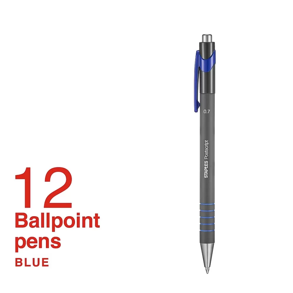 Staples Pens<Postscript Retractable Ballpoint Pens, Fine Point, Blue Ink, Dozen (18266)