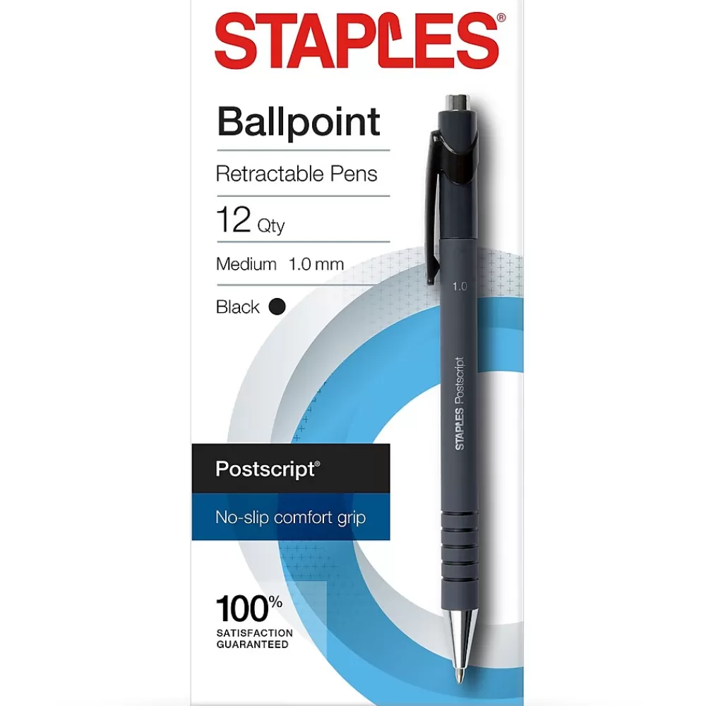 Staples Pens<Postscript Retractable Ballpoint Pens, Medium Point, Black Ink, Dozen (18262)