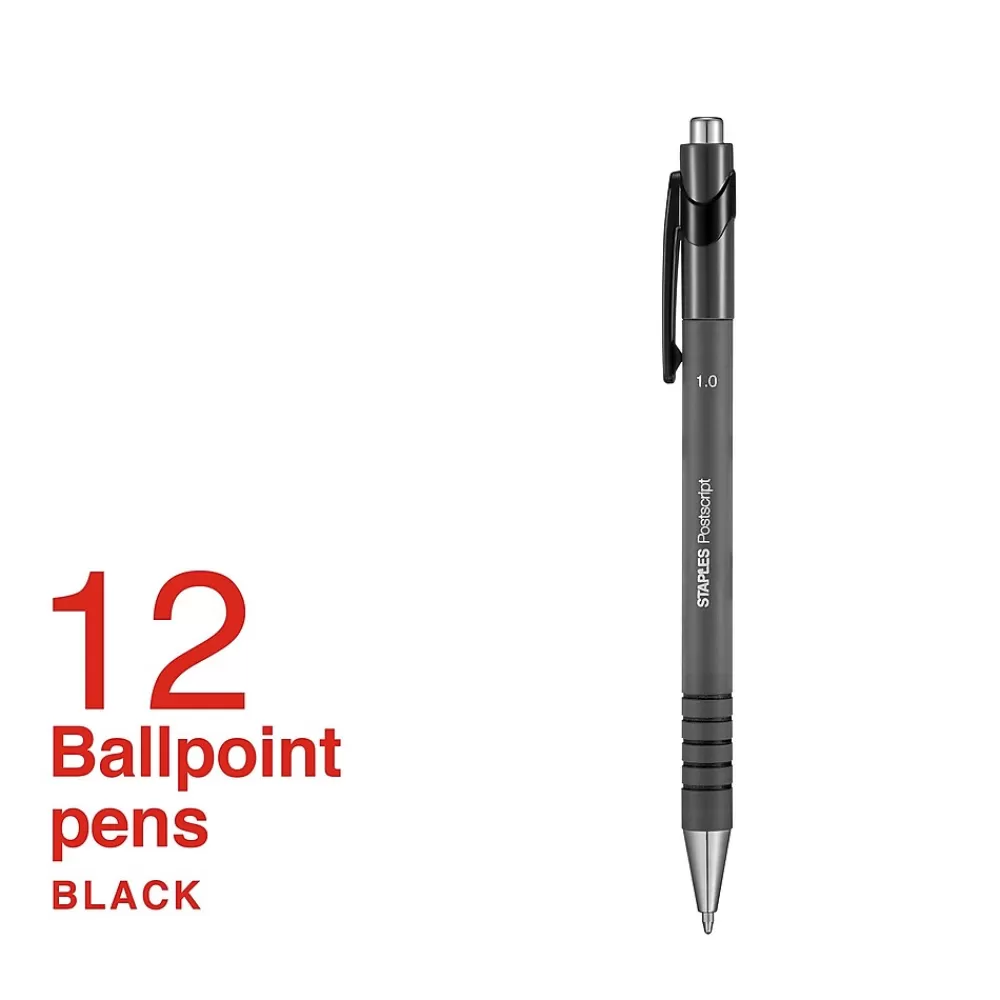 Staples Pens<Postscript Retractable Ballpoint Pens, Medium Point, Black Ink, Dozen (18262)