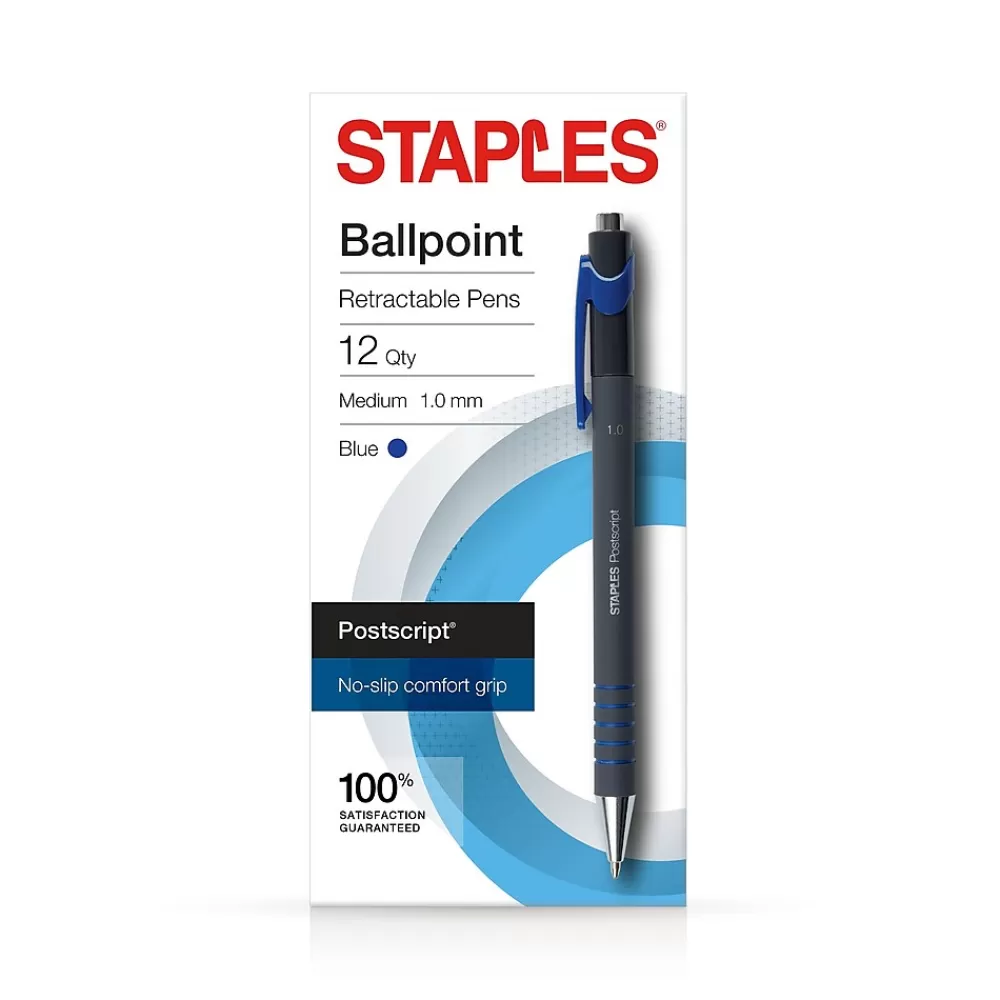 Staples Pens<Postscript Retractable Ballpoint Pens, Medium Point, Blue Ink, Dozen (18263)
