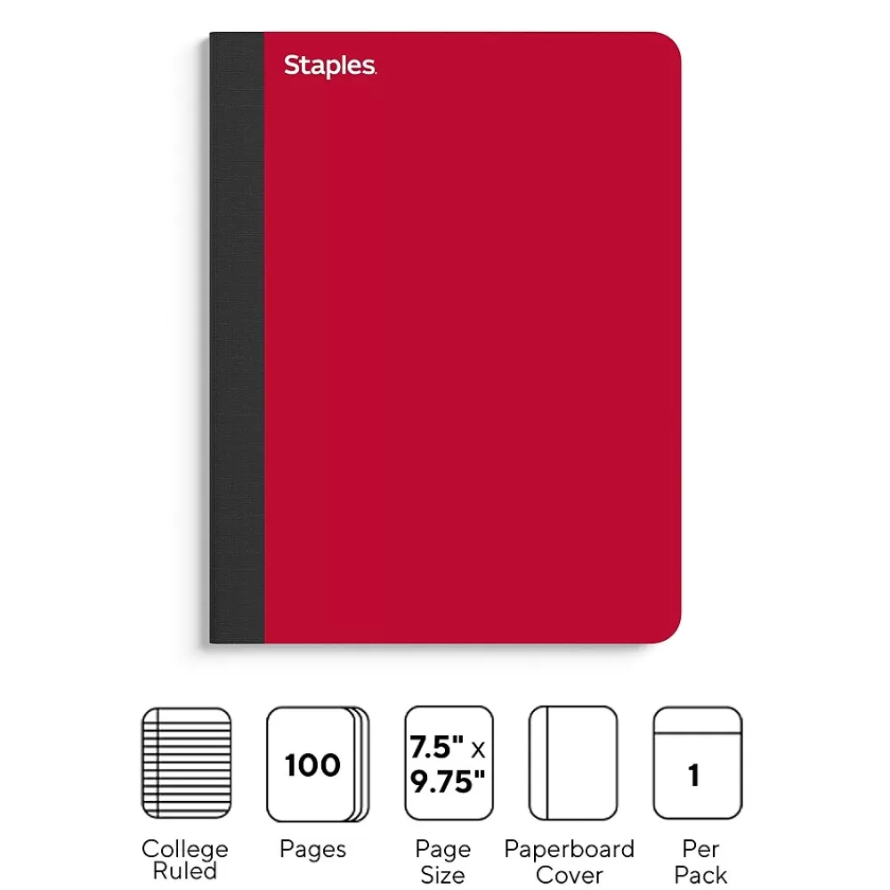 Staples Composition Notebooks<® Premium Composition Notebooks, 7.5" x 9.75", College Ruled, 100 Sheets, Red (TR58344M CC)