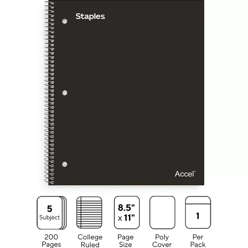 Staples Subject Notebooks<Premium Poly 5-Subject Notebook, 8.5" x 11", College Ruled, 200 Sheets, (ST58317)