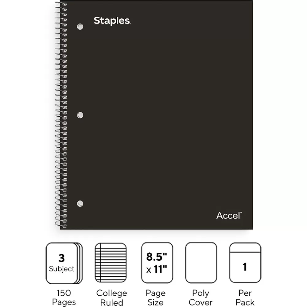 Staples Subject Notebooks<Premium Poly 3-Subject Notebook, 8.5" x 11", College Ruled, 150 Sheets, (ST58313)