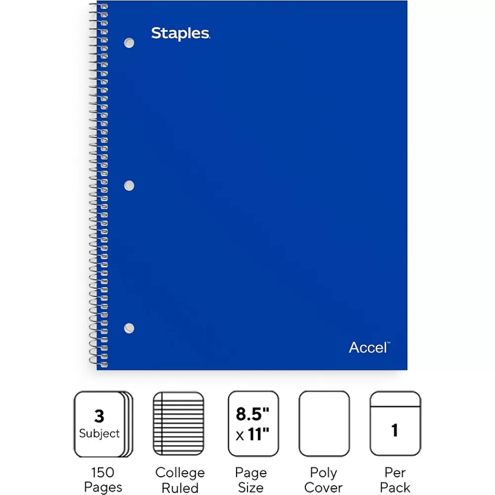 Staples Subject Notebooks<Premium Poly 3-Subject Notebook, 8.5" x 11", College Ruled, 150 Sheets, (ST58314)