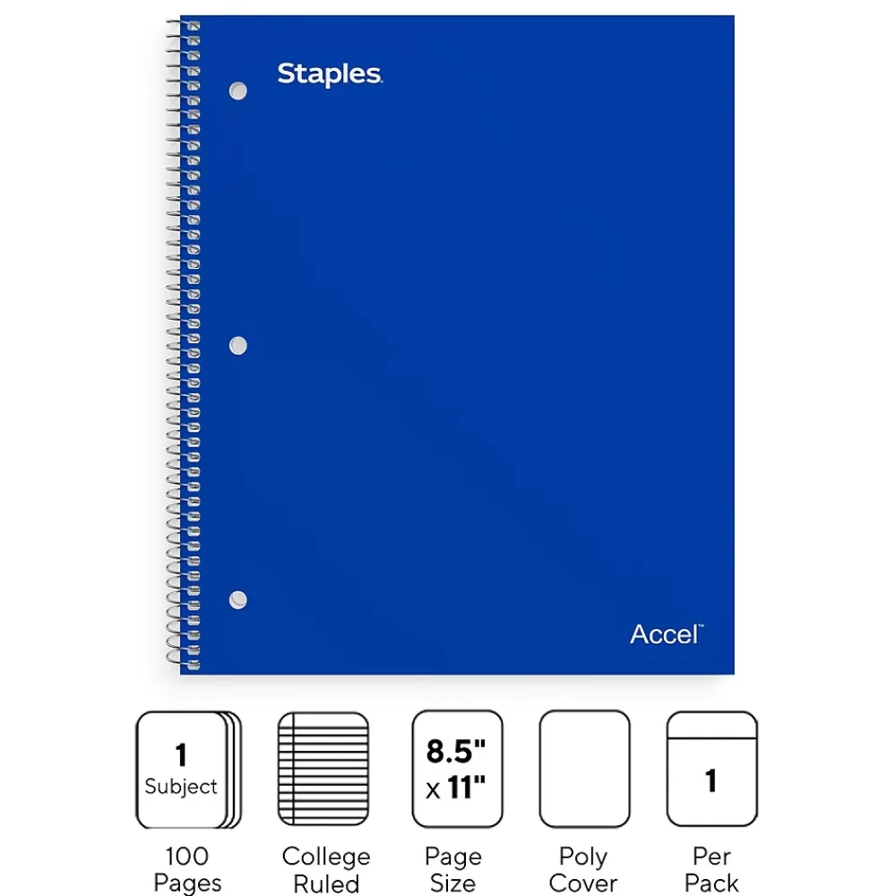 Staples Subject Notebooks<Premium Poly 1-Subject Notebook, 8.5" x 11", College Ruled, 100 Sheets, (TR20951)