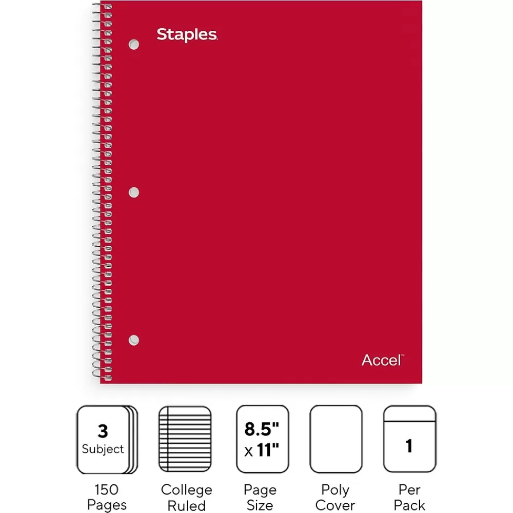 Staples Subject Notebooks<Premium Poly 3-Subject Notebook, 8.5" x 11", College Ruled, 150 Sheets, (ST58315)