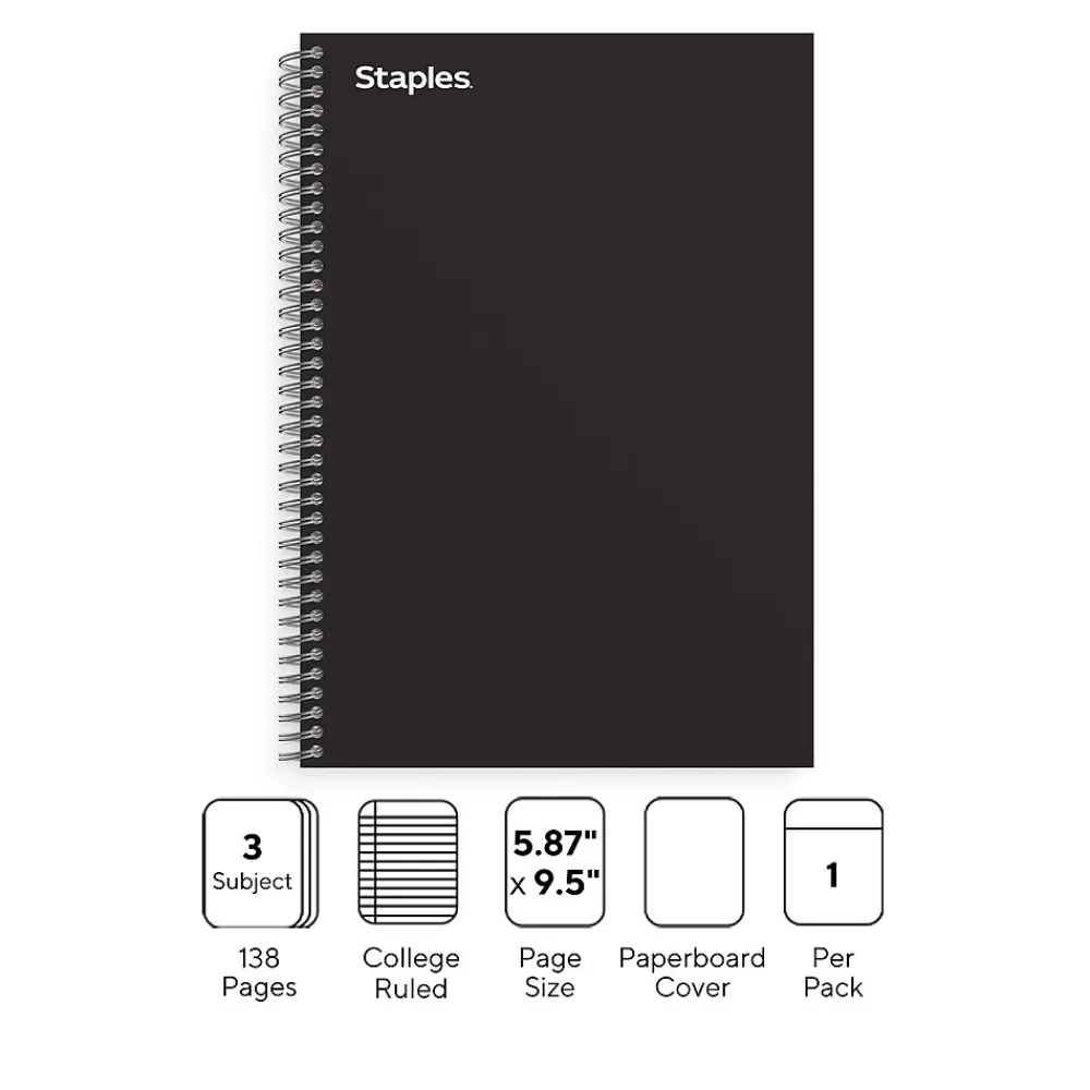 Staples Subject Notebooks<Premium 3-Subject Notebook, 5.88" x 9.5", College Ruled, 138 Sheets, Black (TR58351)