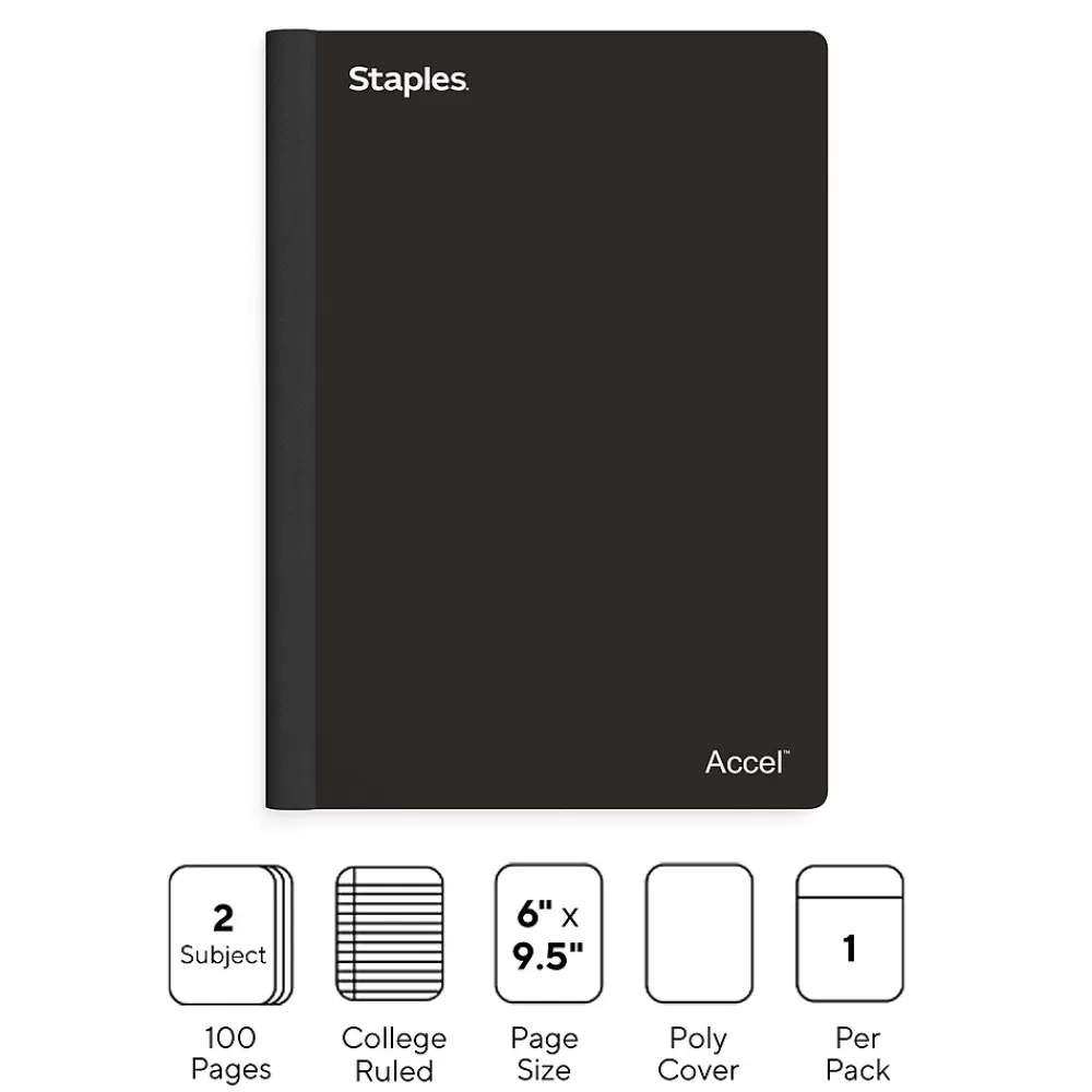 Staples Notebooks<Premium 2-Subject Notebook, 6" x 9.5", College Ruled, 100 Sheets, (TR58325)