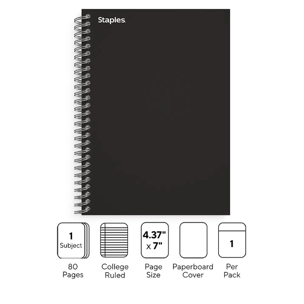 Staples Subject Notebooks<Premium 1-Subject Notebook, 4.38" x 7", College Ruled, 80 Sheets, Black (TR58347M)