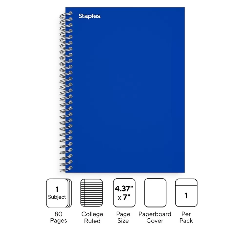 Staples Subject Notebooks<Premium 1-Subject Notebook, 4.38" x 7", College Ruled, 80 Sheets, Blue (ST58348)