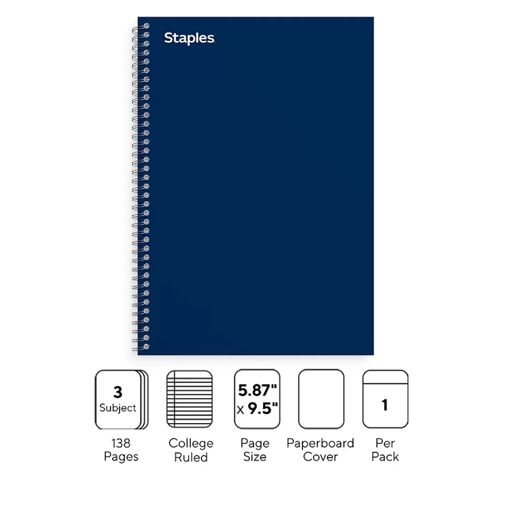 Staples Subject Notebooks<Premium 3-Subject Notebook, 5.88" x 9.5", College Ruled, 138 Sheets, Blue (ST58352)