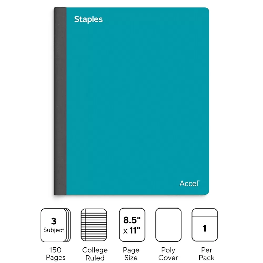 Staples Subject Notebooks<Premium 3-Subject Notebook, 8.5" x 11", College Ruled, 150 Sheets, Blue (ST58333C)