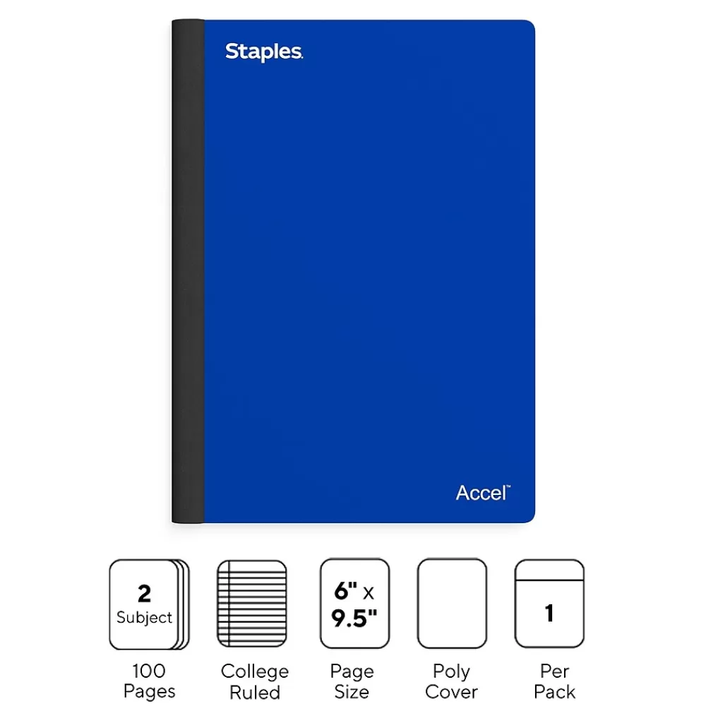 Staples Subject Notebooks<Premium 2-Subject Notebook, 6" x 9.5", College Ruled, 100 Sheets, (TR58326)