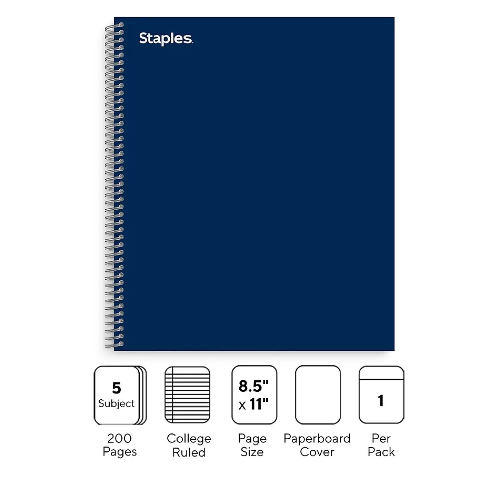 Staples Subject Notebooks<Premium 5-Subject Notebook, 8.5" x 11", College Ruled, 200 Sheets, Blue (TR58364)