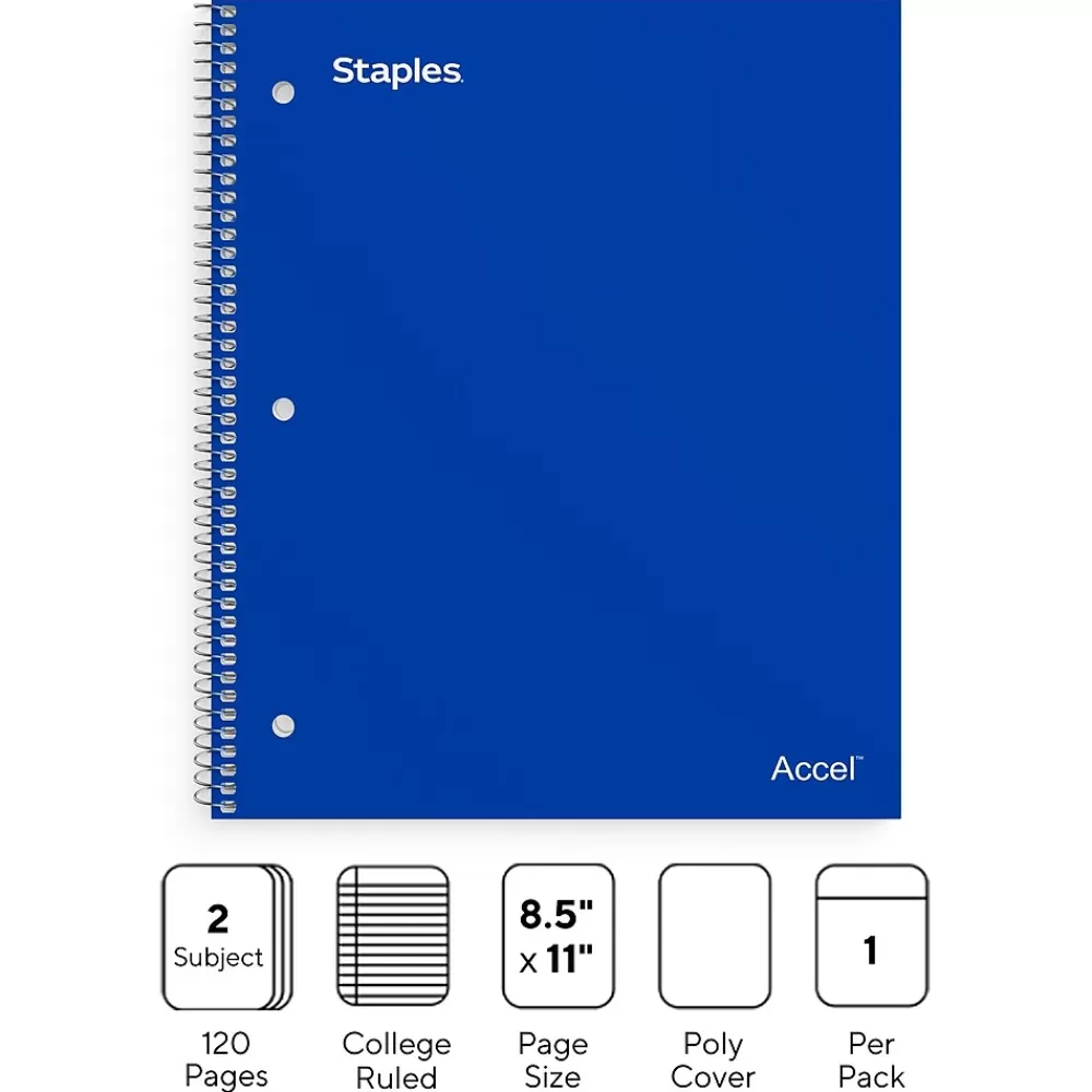 Staples Subject Notebooks<Premium 2-Subject Notebook, 8.5" x 11", College Ruled, 120 Sheets, (TR58311)