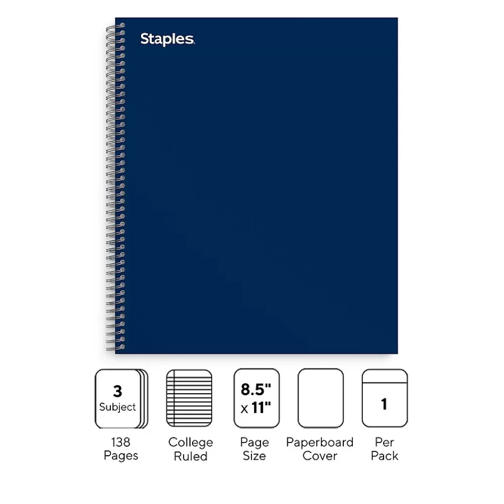 Staples Subject Notebooks<Premium 3-Subject Notebook, 8.5" x 11", College Ruled, 138 Sheets, Blue (TR58360M-CC)