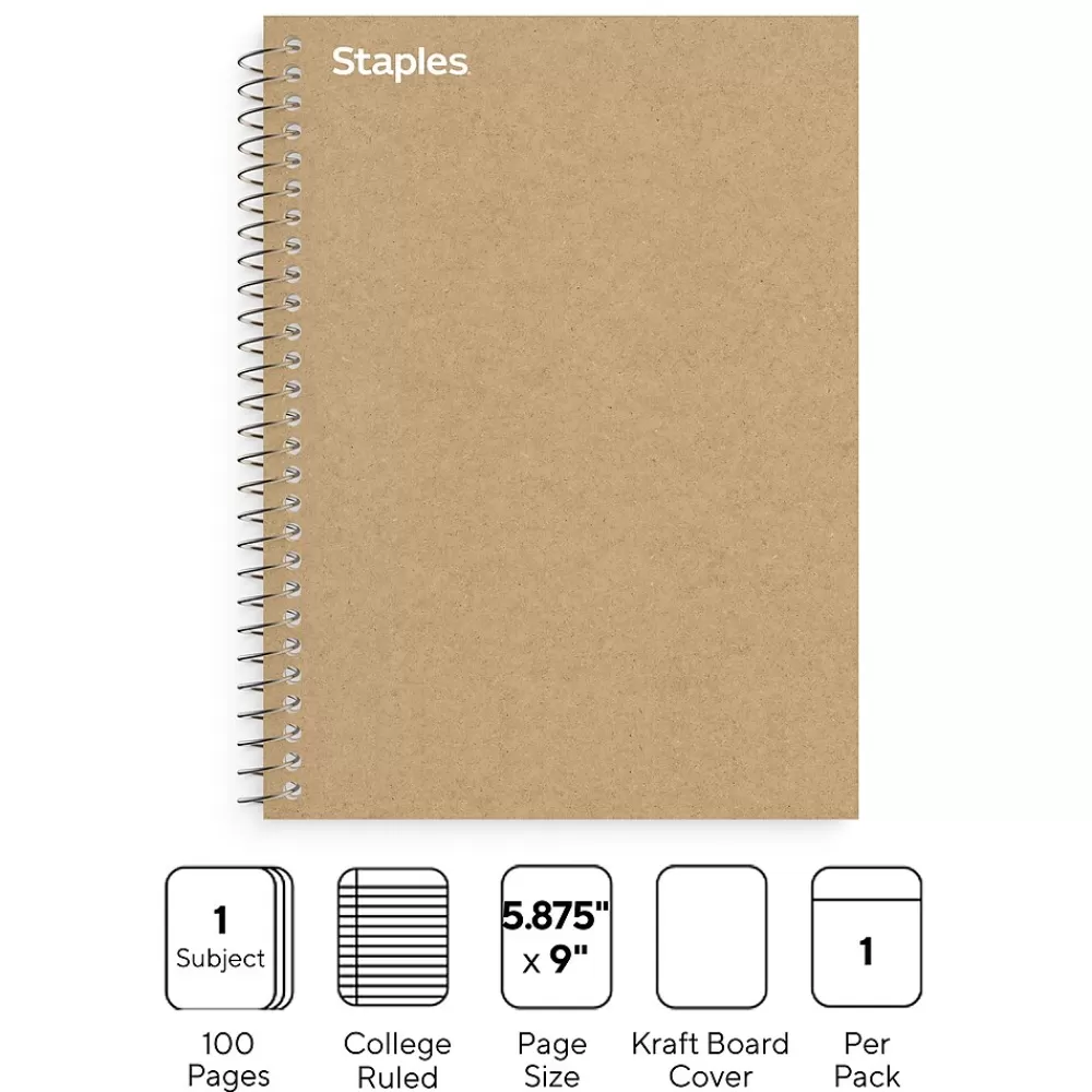 Staples Subject Notebooks<Premium 1-Subject Notebook, 5.875" x 9", College Ruled, 100 Sheets, Brown (ST52120N)