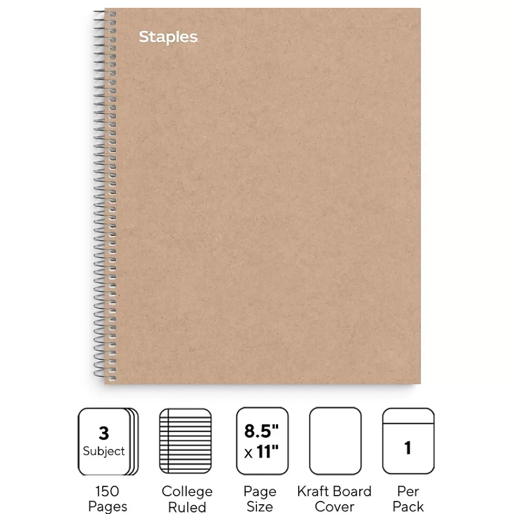 Staples Subject Notebooks<Premium 3-Subject Notebook, 8.5" x 11", College Ruled, 150 Sheets, Brown (TR52123)
