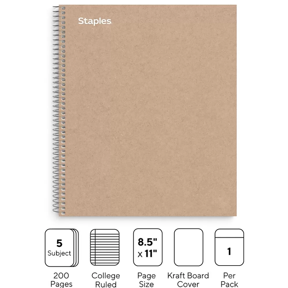 Staples Subject Notebooks<Premium 5-Subject Notebook, 8.5" x 11", College Ruled, 200 Sheets, Brown (TR52122)