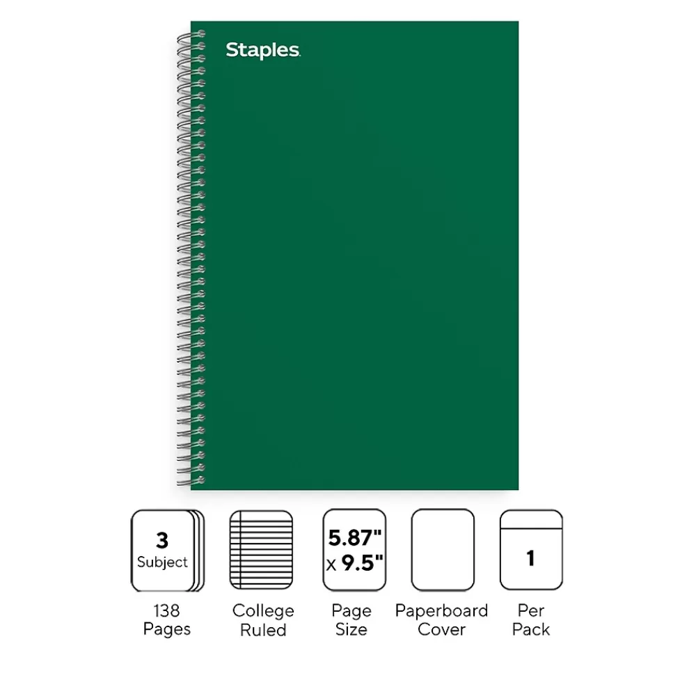 Staples Subject Notebooks<Premium 3-Subject Notebook, 5.88" x 9.5", College Ruled, 138 Sheets, Green (TR58354)