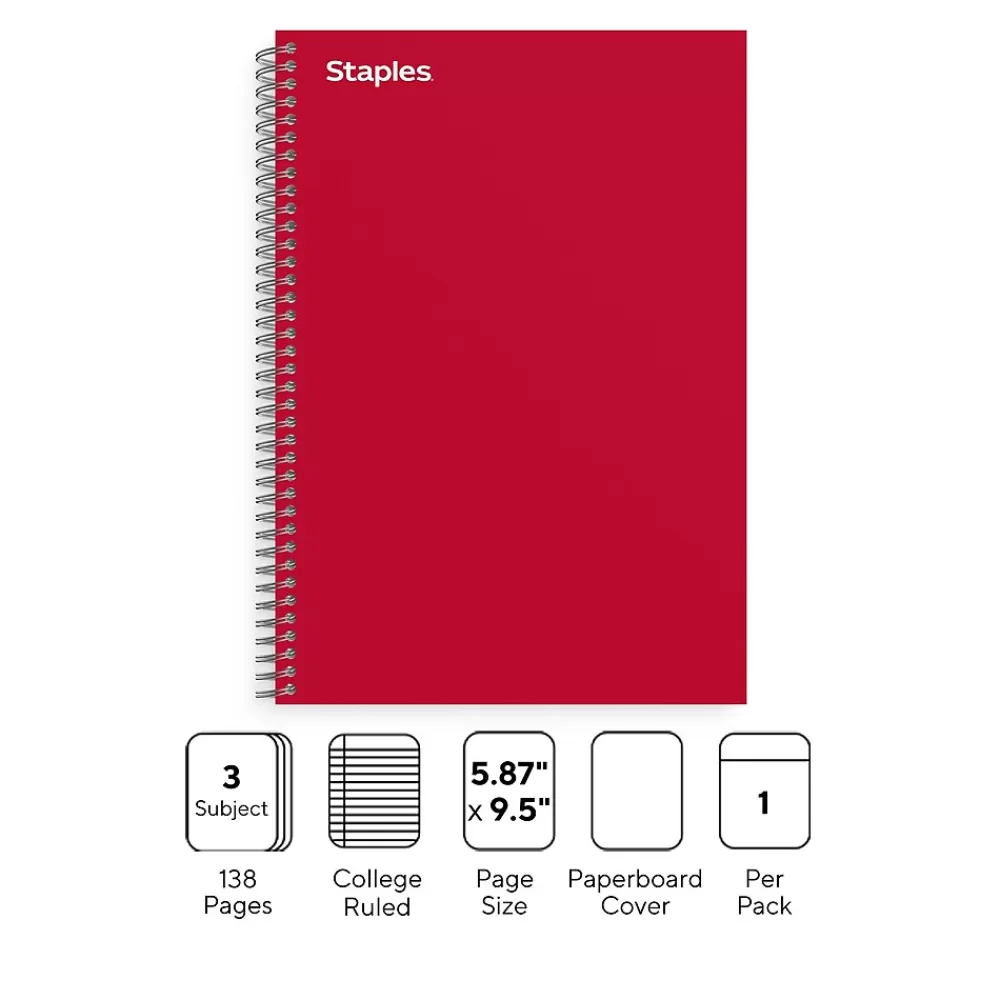 Staples Subject Notebooks<Premium 3-Subject Notebook, 5.88" x 9.5", College Ruled, 138 Sheets, Red (ST58353)